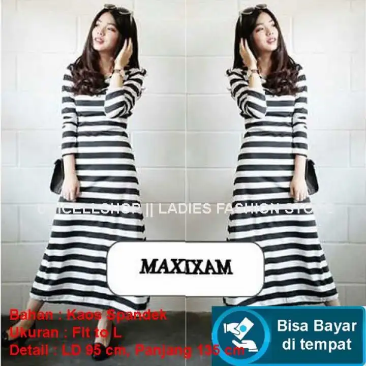 Toko Atasan Wanita Baju Dress Muslim Salur Lun Maxi Gaun Lengan Panjang Hijab Muslimah Lebaran Dress