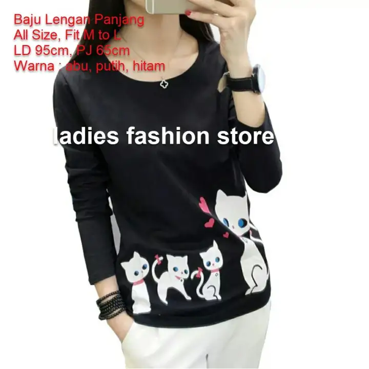 Kaos Wanita Lengan Panjang T Shirt Wanita Kaos Kiti Baju Gambar Kucing Lucu Baju Karakter Wanita