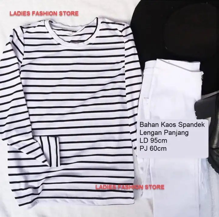 Slmn Kaos Lengan Panjang Wanita Baju Lengan Panjang Baju Garis Hitam Putih Atasan