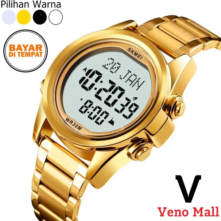 Cod Skmei Jam Tangan Digital Pria Penunjuk Arah Kiblat Silver Perak Black Hitam Gold Emas White