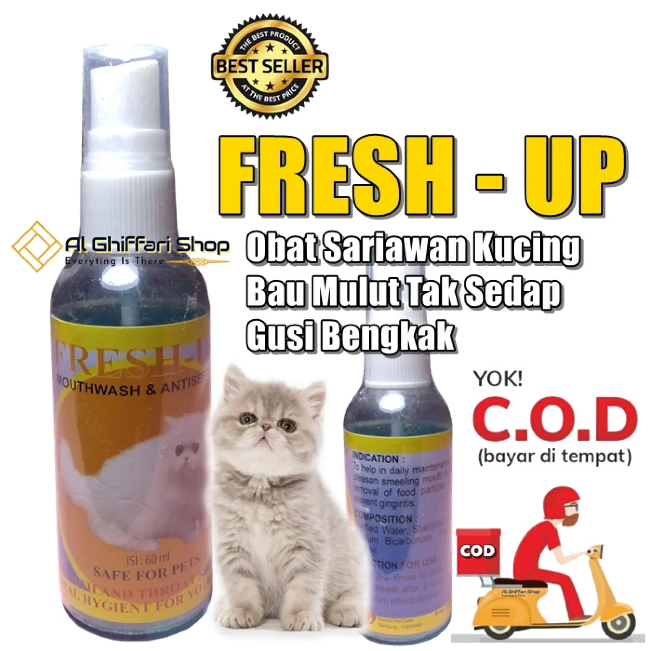 Obat Kucing Obat Sariawan Kucing Obat Pembersih Mulut Bau Tak Sedap Gusi  Bengkak Berdarah Kucing Antiseptic FRESH UP - Kemasan Spray 60ml - Al 