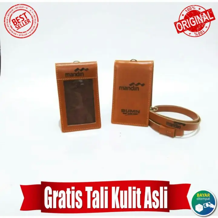 ID Card Holder Name Tag 100% Kulit Asli Logo Bank Mandiri - Free Tali Name Tag ID Card Kulit Asli - ID Card Kulit Asli