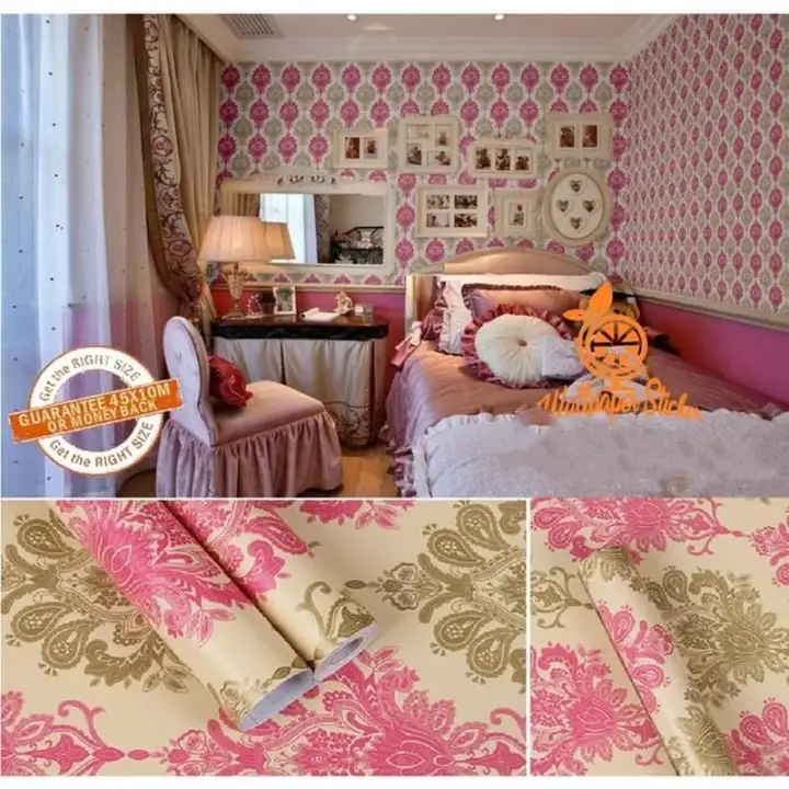 Wallpaper Dinding Batik Pink Gold 10m X 45cm Premium Wallpaper Dinding Ruang Tamu Wallpaper Dinding 10