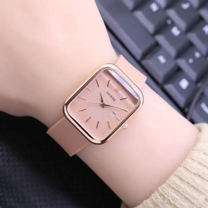 Jam Tangan Wanita Guess Kotak Panjang Balok Rubber Karet Tanggal Aktif Free Box Lazada Indonesia