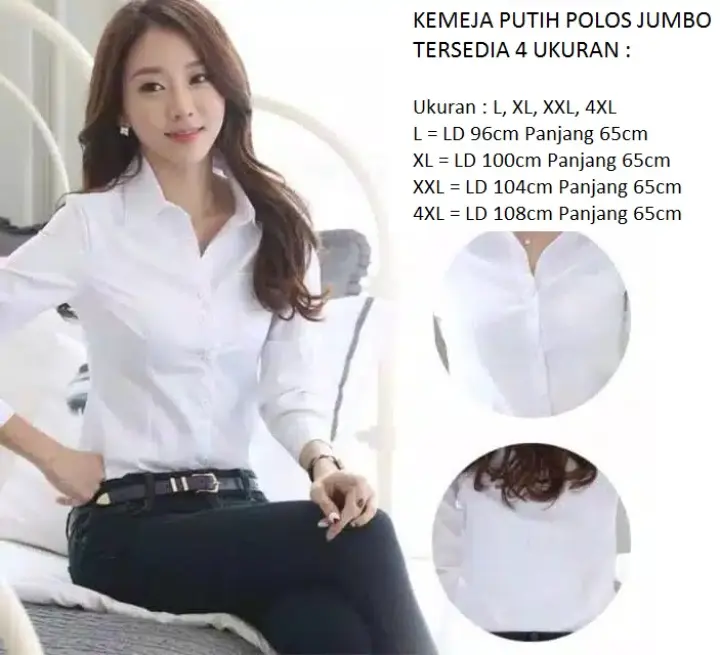 Bisa Kemeja Putih Polos Wanita Jumbo 4xl Kemeja Lengan Panjang Wanita Warna Putih Polos Bersih Kemeja Wanita Bahan Stretch Melar Kemeja Putih Wanita Baju Kemeja Wanita Tangan