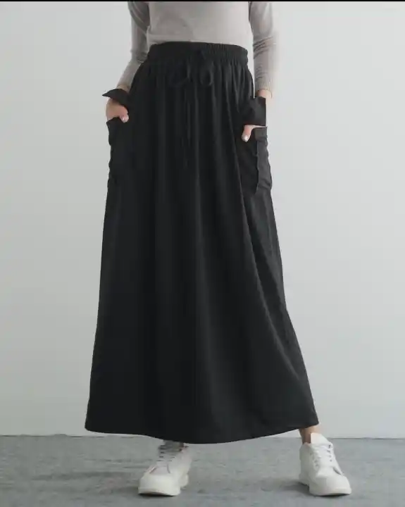 Rok panjang cargo premium korean style / Rok wanita kekinian bahan crinkle airflow jumbo terbaru