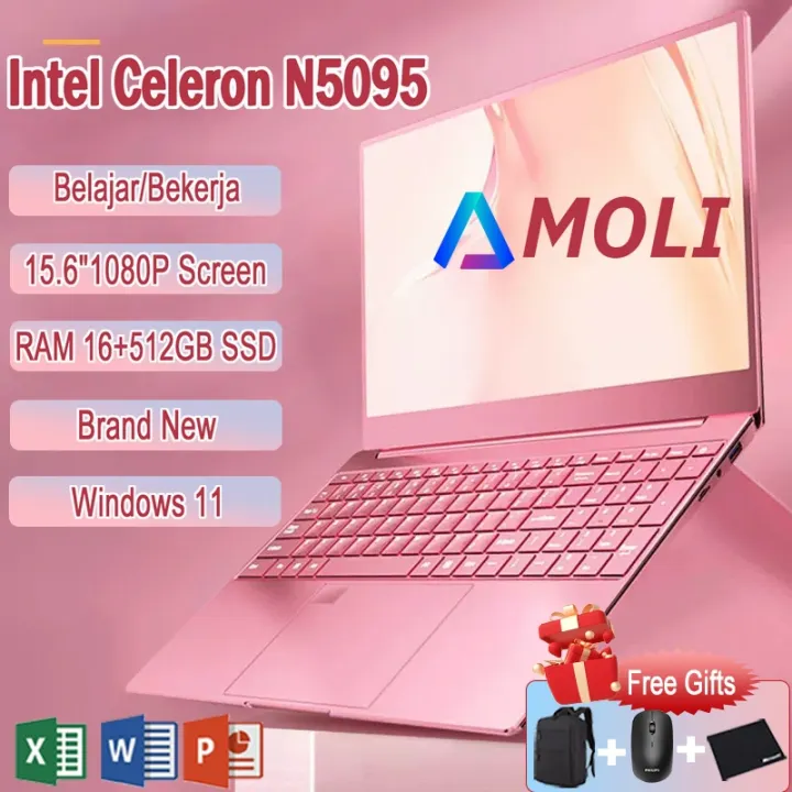 「Garansi Resmi 」AMOLI Pink / Hitam/ Silver Asli Baru Laptop gaming RAM 8GB + SSD 256GB 15.6"IPS Intel N4000 /N5095 Gratis Instalasi Windows 11 + office Tipis Dan Portabel desain grafis  hp laptop hp kunci sidik jari laptop