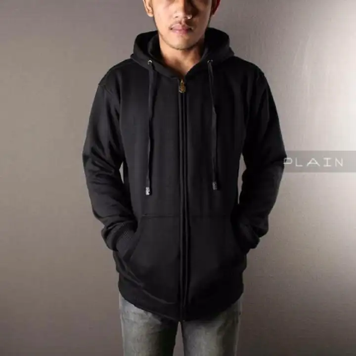 Sh Jaket Pria Hoodie Zipper Polos Keren Hitam Lazada Indonesia