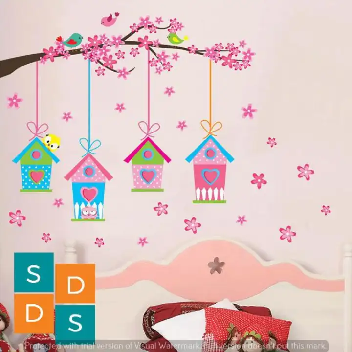 Stiker Dinding Shop Ranting Rumah Burung Gantung Pink Lucu Unik Wsxl Stiker Dinding Motif Anak Girl