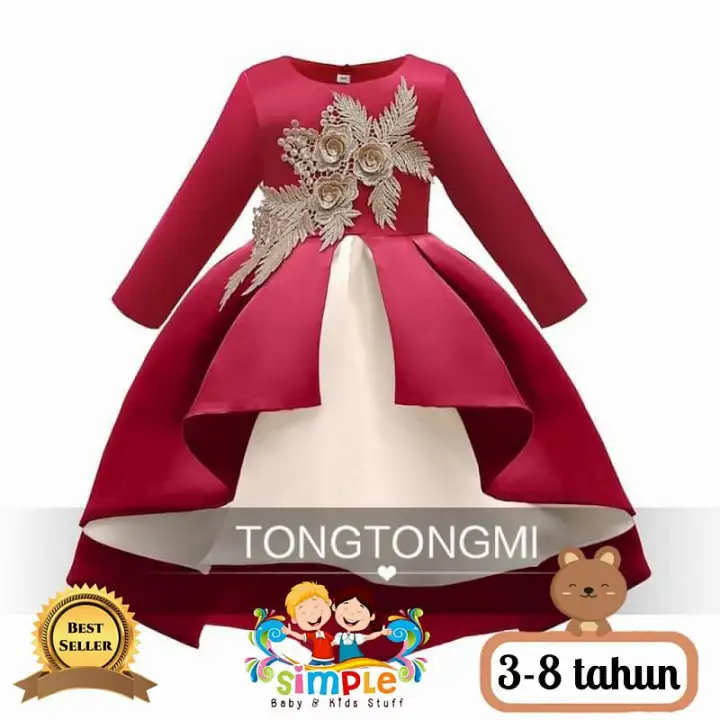 Dress Gaun Anak Perempuan Ekor Panjang Impor Warna Merah Lengan Panjang Terbaru Murah Usia 3 8th Lazada Indonesia
