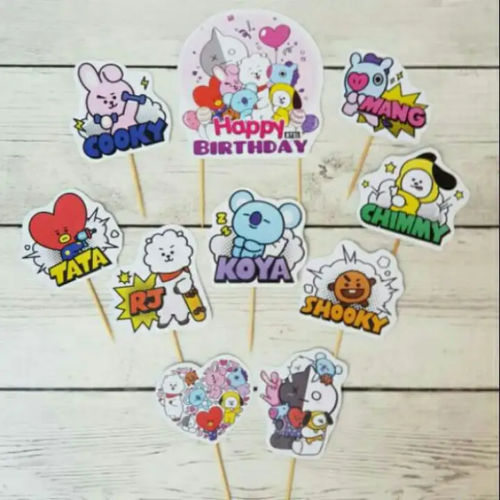 Cake Topper Toper Hiasan Kue Cup Cake Cupcake Ulang Tahun Happy Birthday Karakter Korea Bt21 Bt 21 Lazada Indonesia