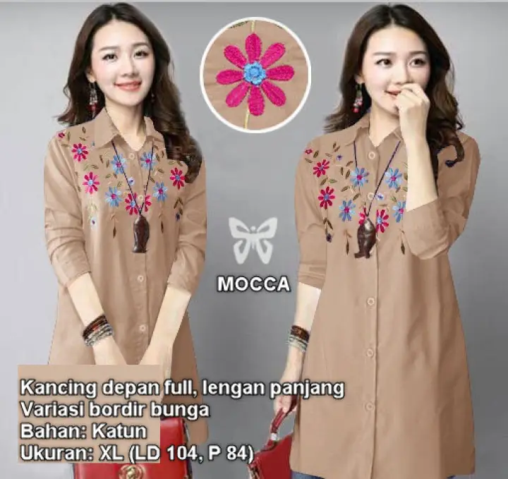 Kemeja Tunik Wanita Lengan Panjang Motif Bordir Bunga Msr636 Atasan Muslimah Baju Kurung Muslim Blouse Terusan