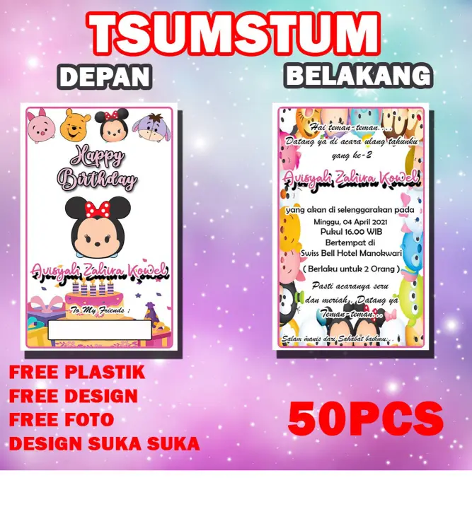 Per 50 Pcs Tsum Tsum Kartu Undangan Ulang Tahun Ultah Anak Dan Remaja Custom Free Plastik Lazada Indonesia