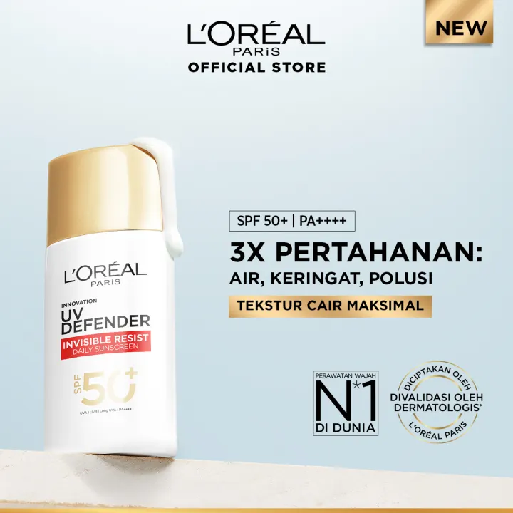 L'Oreal Paris UV Defender Serum Protector Sunscreen Invisible Resist SPF 50+ PA++++​ 3X PERTAHANAN:​ AIR, KERINGAT, POLUSI​ TEKSTUR CAIR MAKSIMAL Skin Care - 50ml (Untuk Mencegah Kulit Tampak Tua 5 Tahun & Melembapkan)