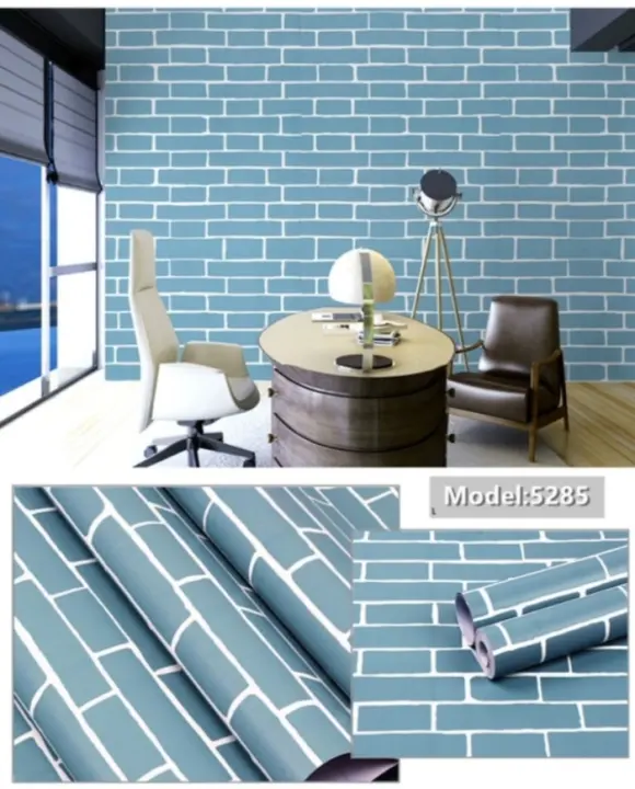 Wallpaper Dinding Sticker Motif Bata Biru Lis Putih Lazada Indonesia