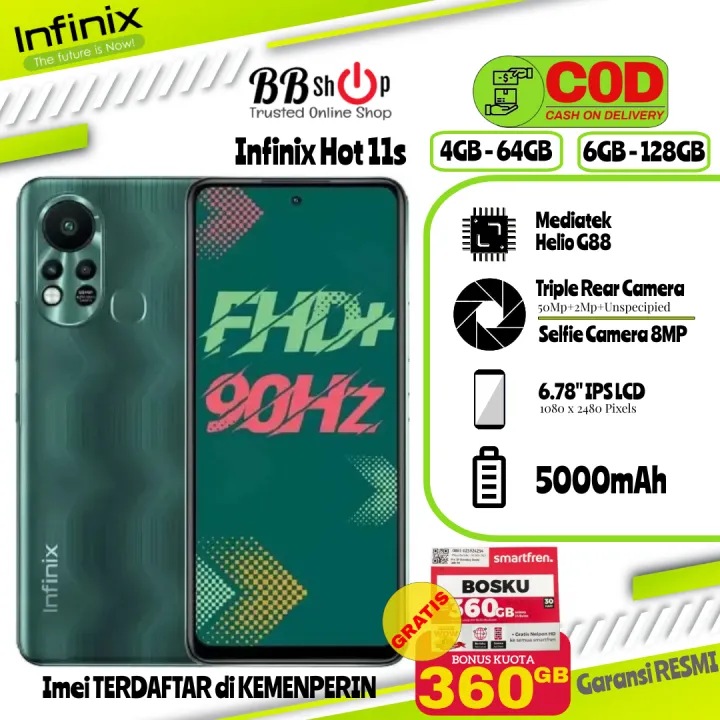 Infinix Hot 11s NFC [4GB+64GB] [6GB+128GB] Garansi Resmi Infinix 1 Tahun, DISPLAY Type IPS LCD, Size 6.78 inches, Chipset MediaTek Helio G88, MAIN CAMERA Triple 50MP+2MP+Unspecified camera, SELFIE CAMERA Single 8MP, BATTERY Type Li-Po 5000 mAh, non-remova