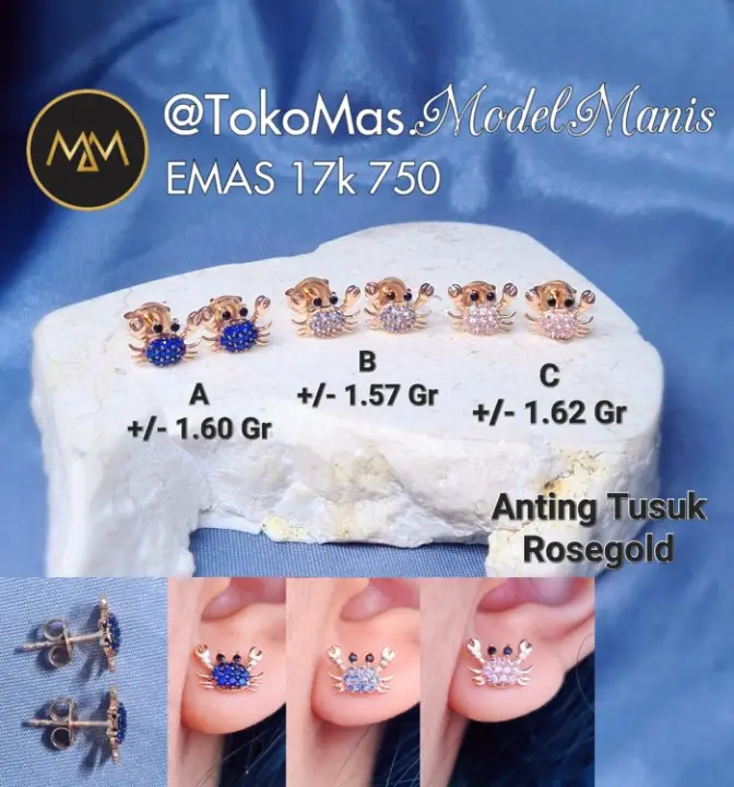 Anting Crab kepiting emas italy 750 kadar 17k