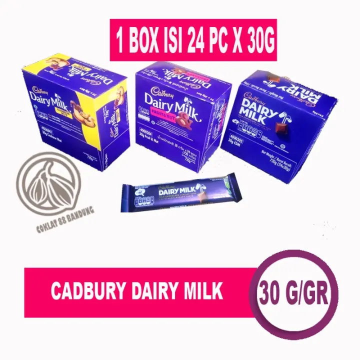 CADBURY DAIRY MILK 1 BOX 24 PCS X 30GR, COKLAT CADBURY DAIRY MILK 30 GR, CADBURY 30GR 1 DUS