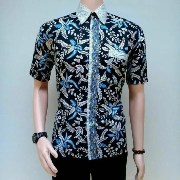 Dt Collection Batik Pekalongan Kemeja Batik Pria Motif Blarak Warna Biru Lengan Pendek Lazada Indonesia