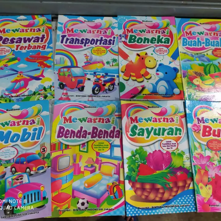 Paket 8 buku mewarnai BUAH-BUAHAN, SAYURAN, TRANSPORTASI , dll