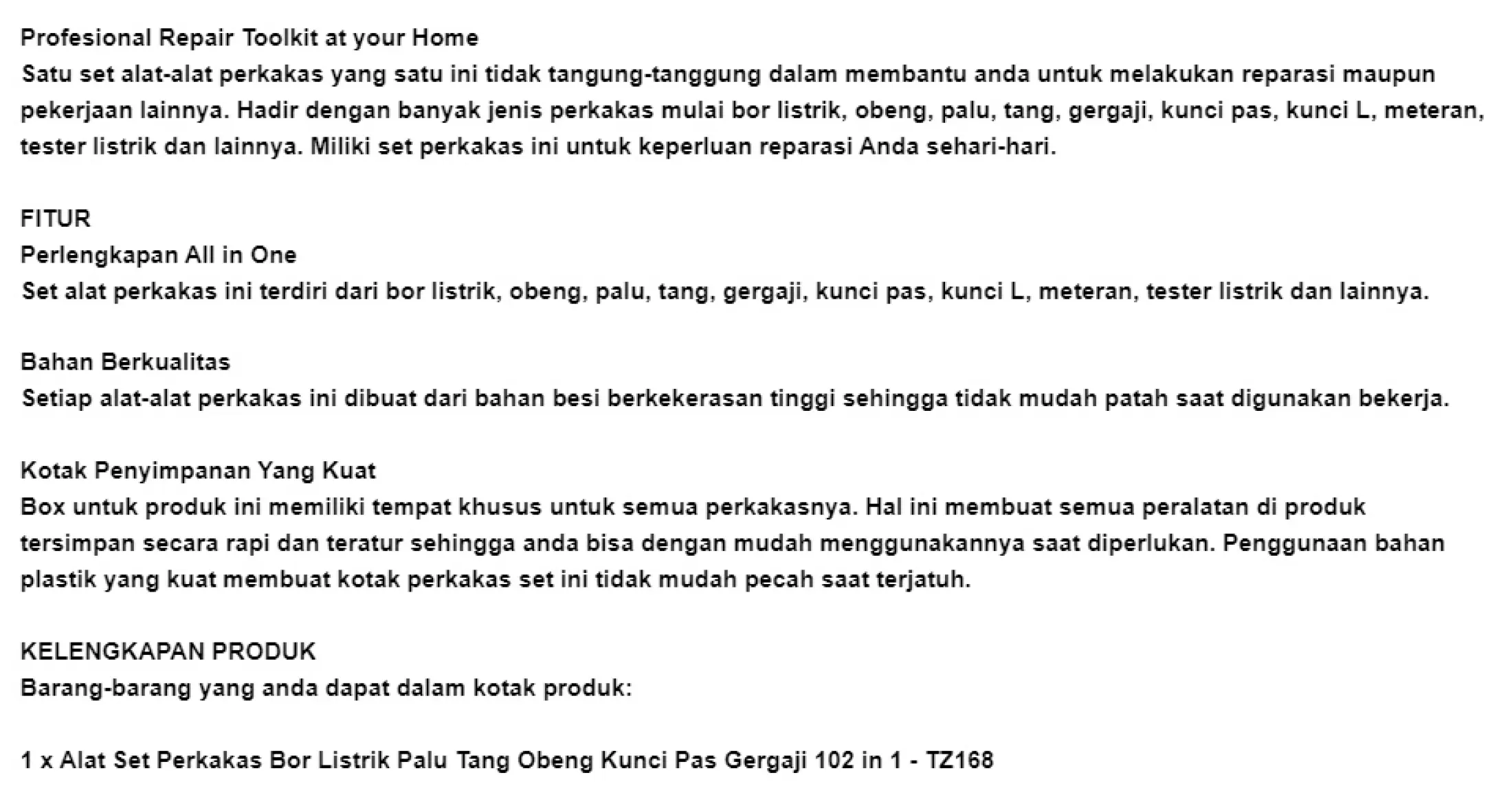 Taffware Habo Alat Set Perkakas Bor Listrik Palu Tang Obeng Kunci Pas Gergaji 102 In 1 Tz168 Lazada Indonesia
