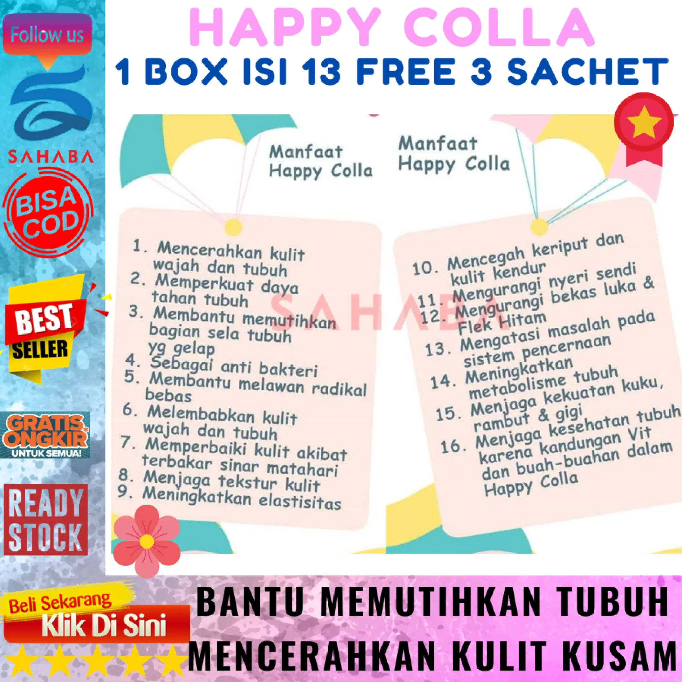 1 Box Happy Colla Glow Halal Isi 13 Sachet Free 3 Sachet Rasa Mixberry Pink Minuman Kolagen Serbuk Kualitas Terbaik Dari Alam Minuman Collagen Pemutih Badan Minuman Pemutih Badan