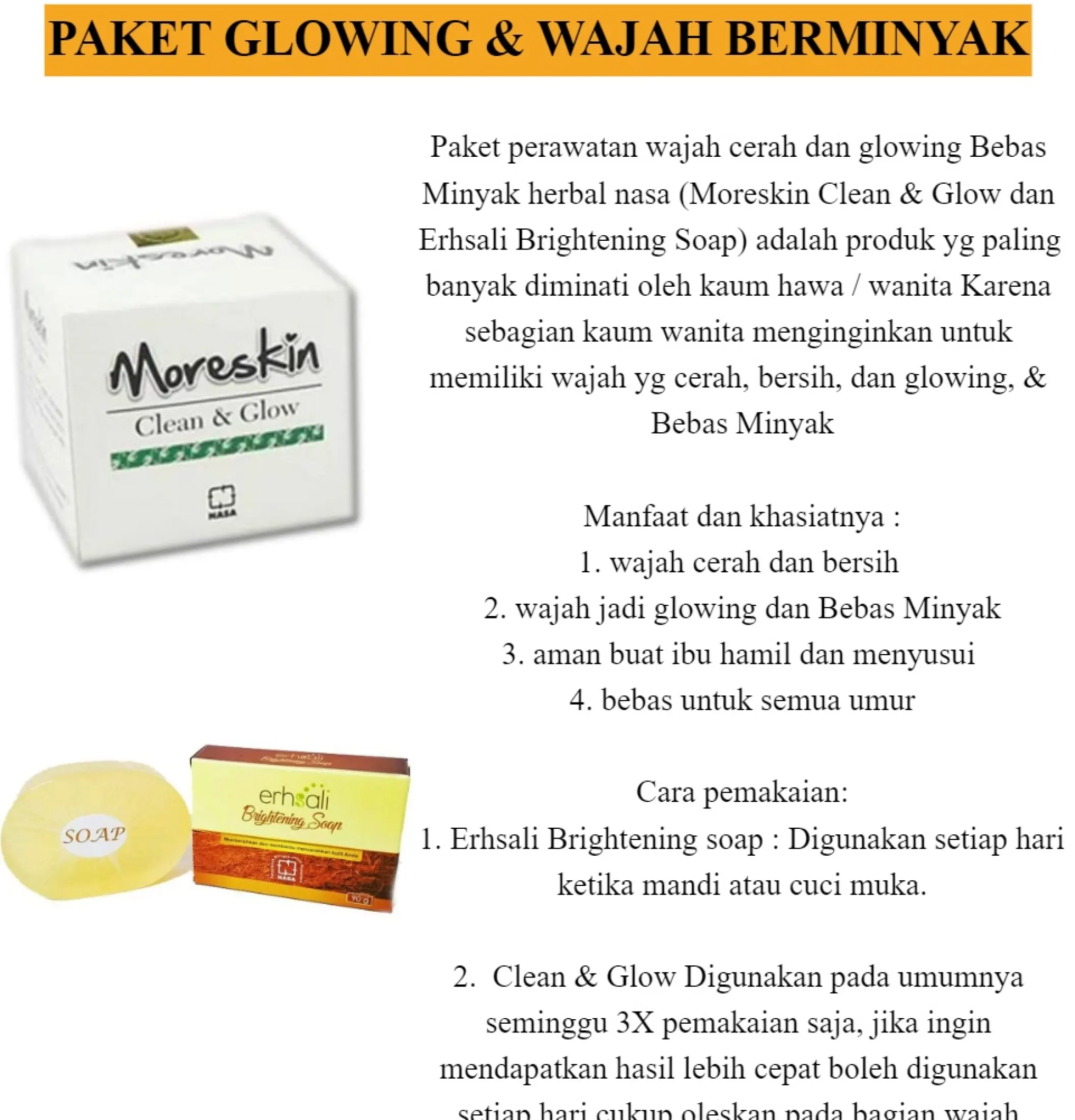 Paket Glowing Untuk Kulit Berminyak Cream Glowing Moreskin Clean Glow Erhsali Brithening Original Nasa Cream Nasa Krim Glowing Original Nasa Mengatasi Wajah Berminyak Dan Kulit