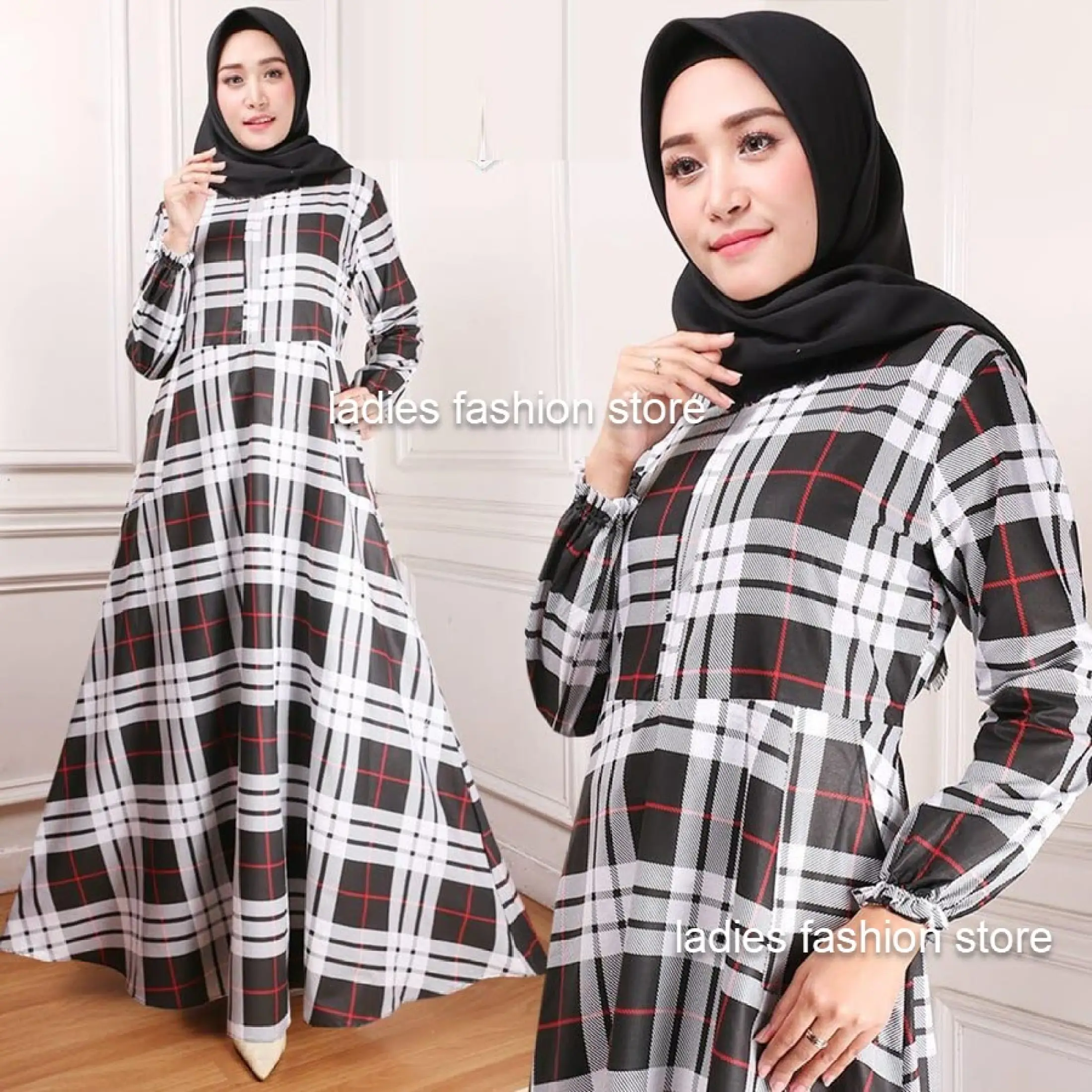 Dress Panjang Wanita Terusan Lengan Panjang Motip Kotak Dress Syar I Muslimah Gaun Muslimin Pengajian Ibu Gaun Lebaran Model Terbaru 2019 Dress Syari Majelis Taklim Taqlim Gaun